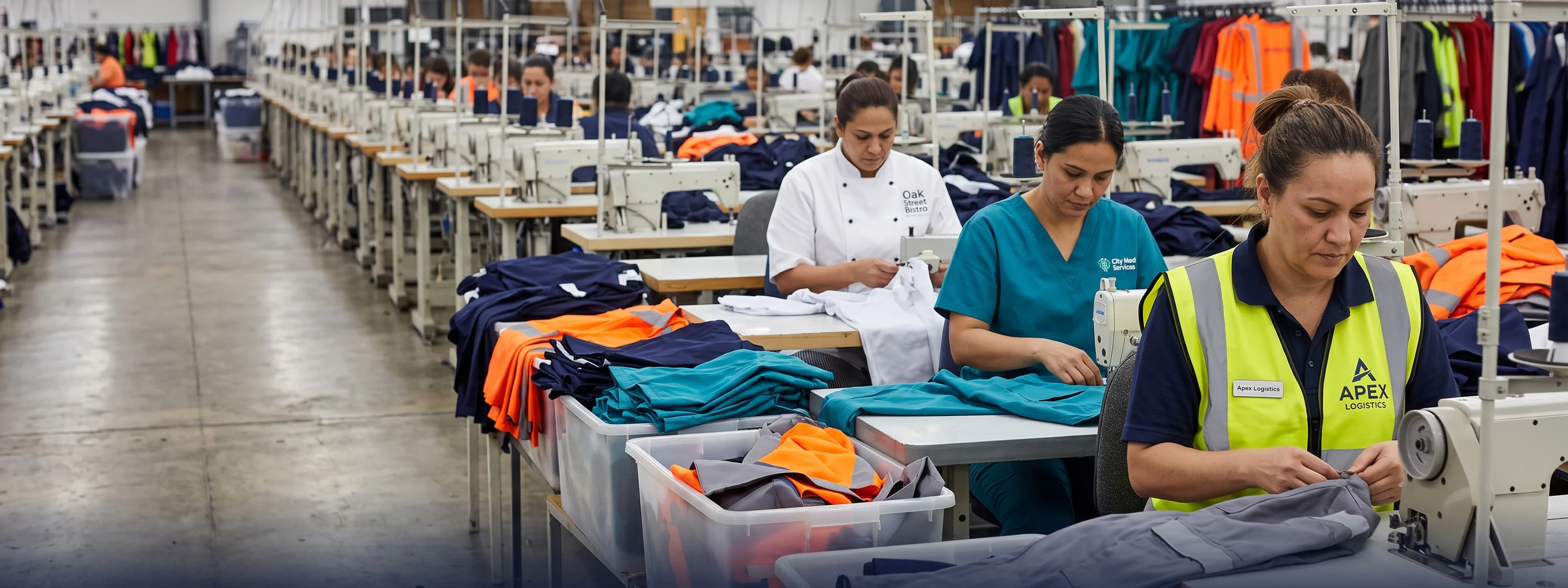 Sewing floor with rows of machinists stitching workwear in hi-vis yellow, teal and white fabric, lines stretching into the distance