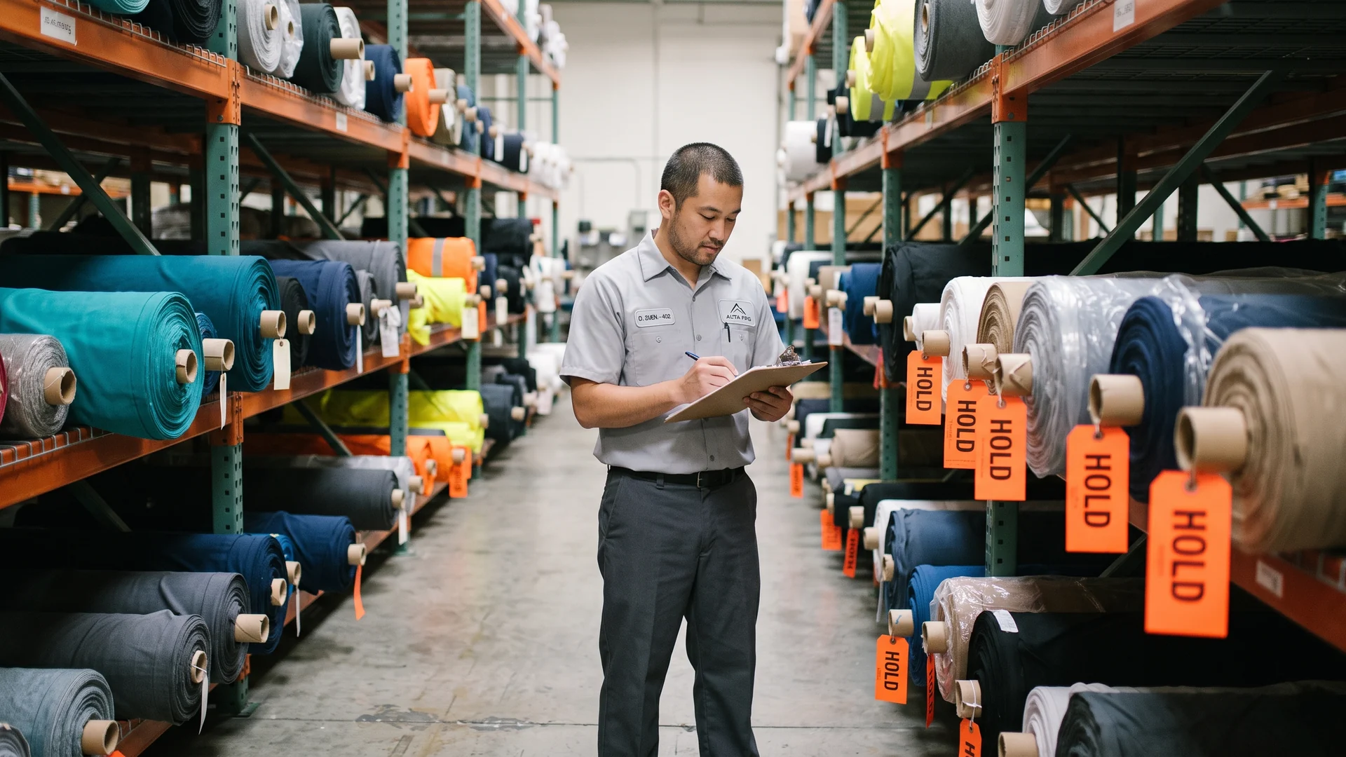 Fabric rolls tagged HOLD in the fabric store while a technician records the lot
