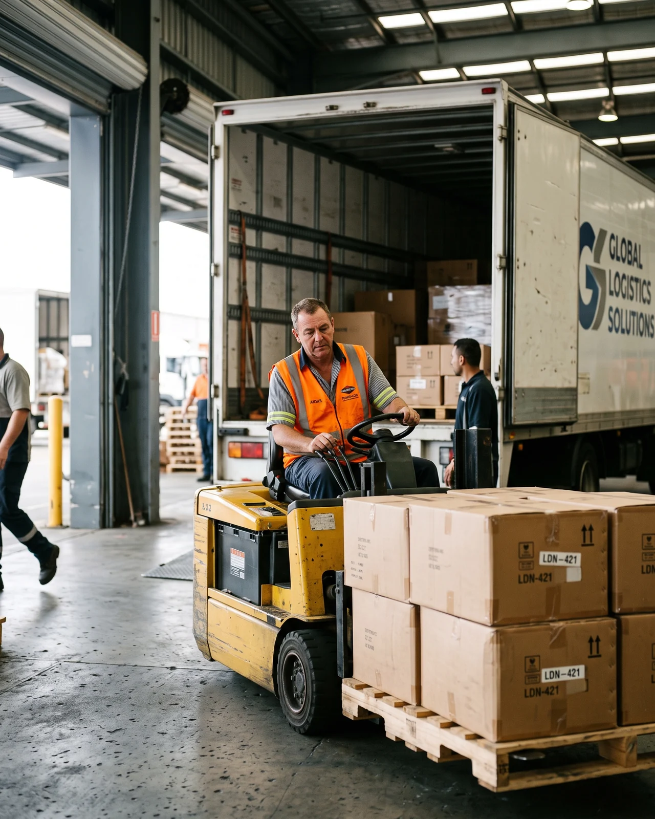 Labelled cartons of uniforms loaded by forklift for the freight forwarder