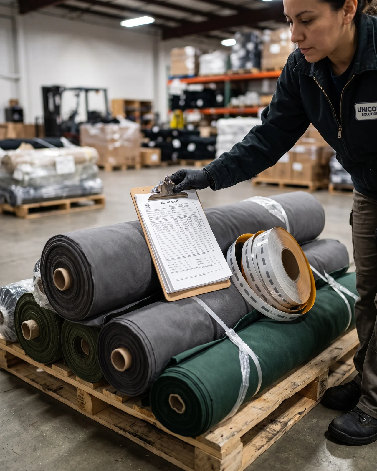 Rolls of fabric and reflective tape arriving from the mill with a test report clipped on top