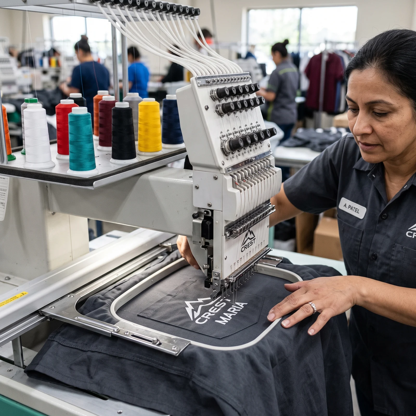 Embroidery head stitching an employee name onto a work shirt chest