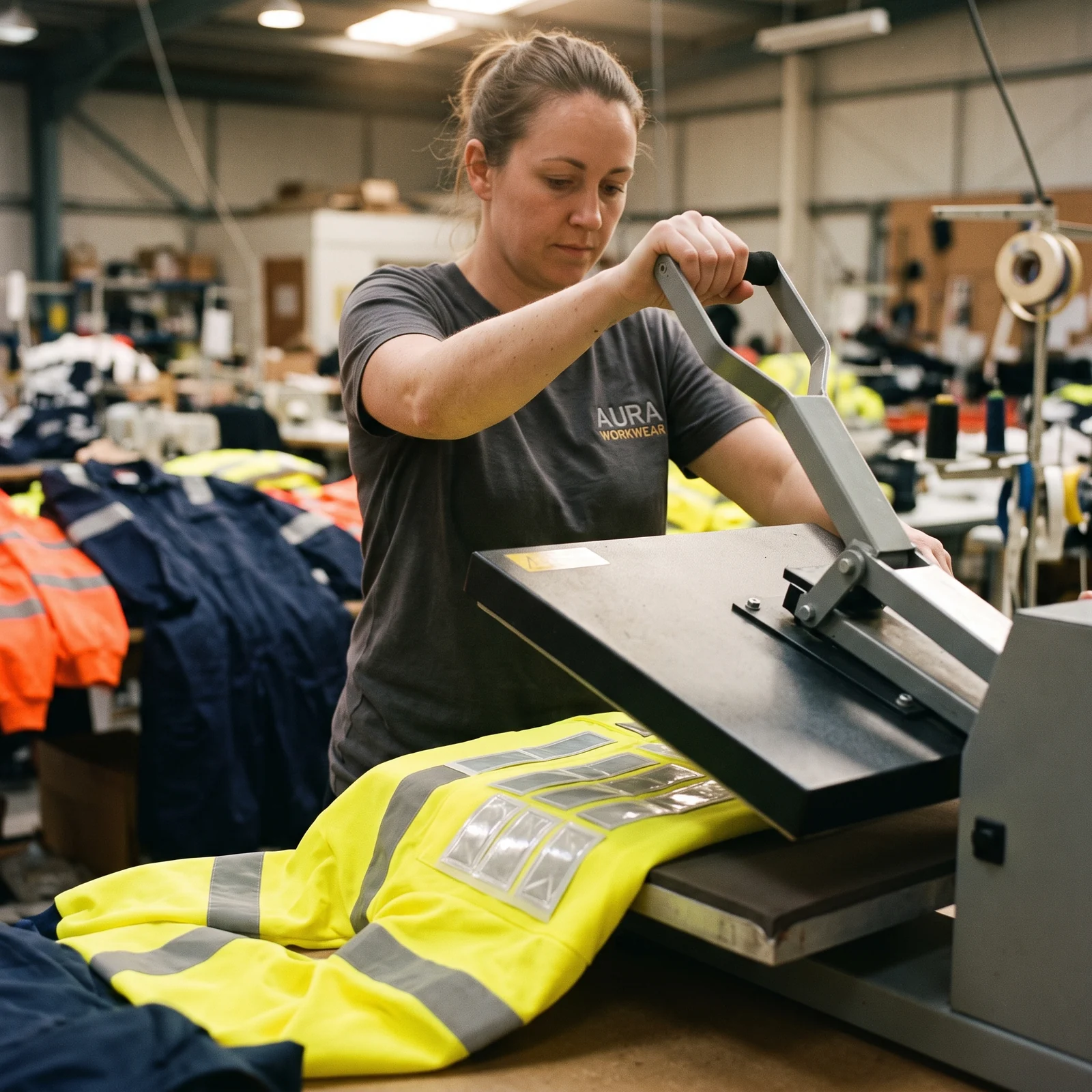 Operator heat-applying segmented reflective tape to a hi-vis jacket on a press