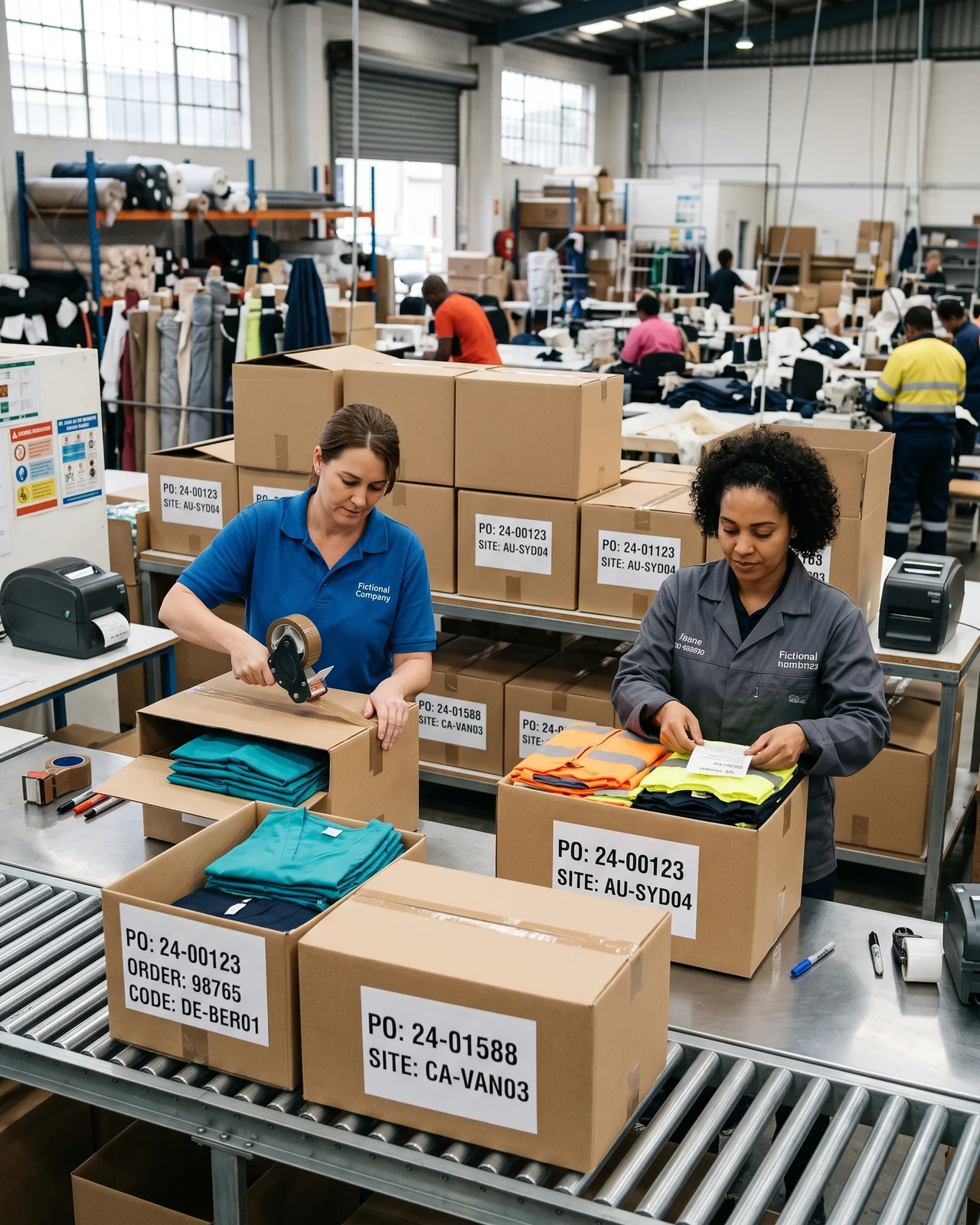 Packers sealing labelled cartons of uniforms on the packing line