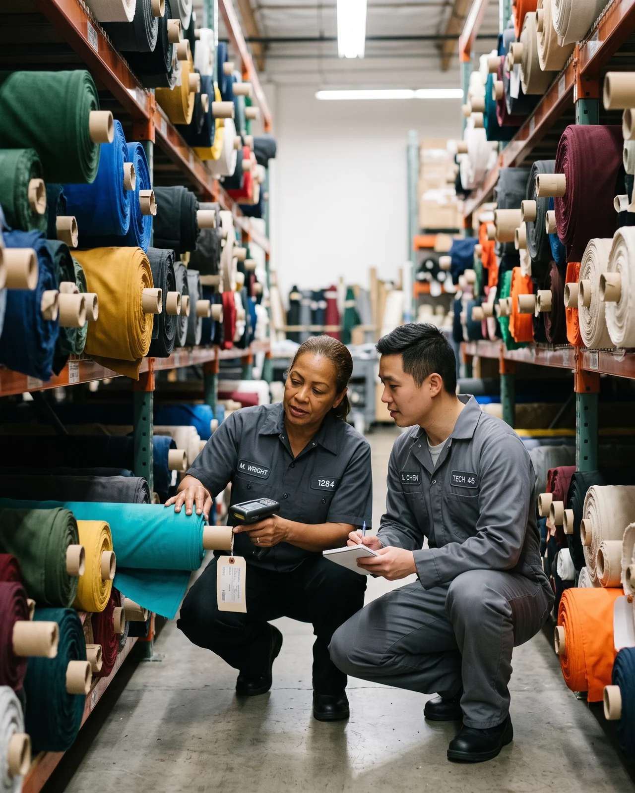 Fabric store with racked rolls and a colour lab technician checking a roll
