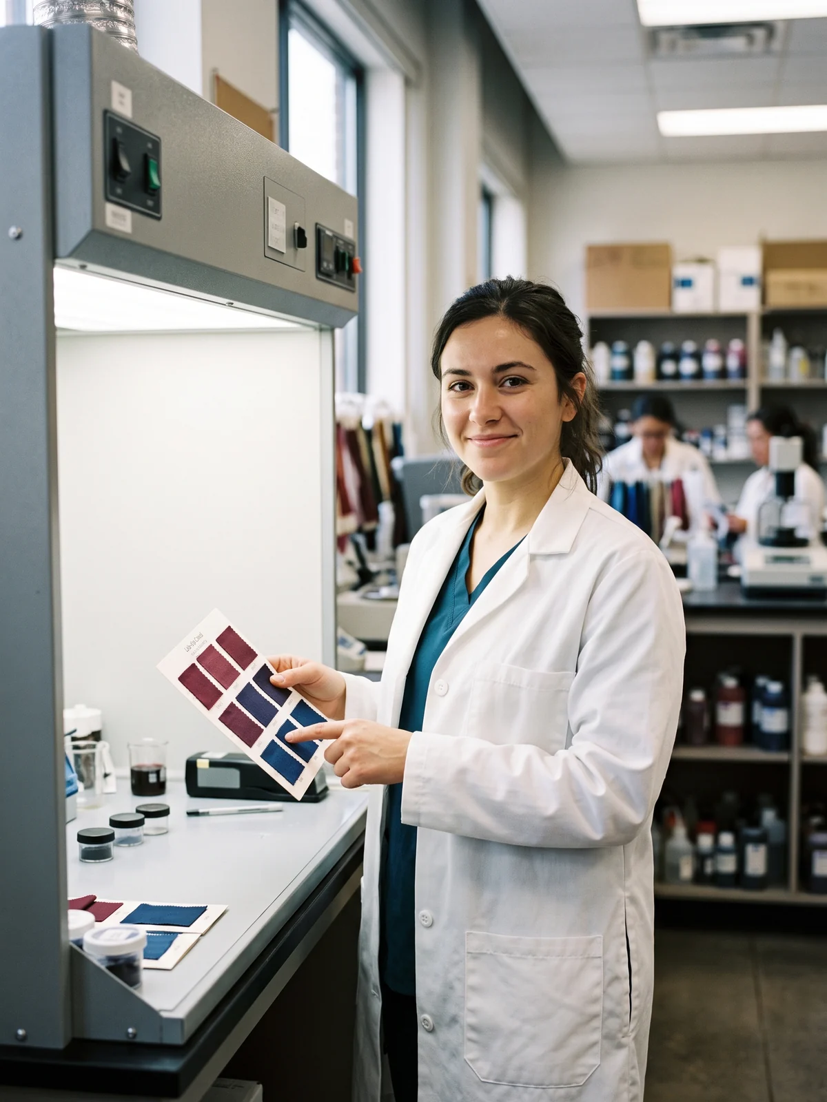 Colour lab technician holding a lab-dip card in the colour lab