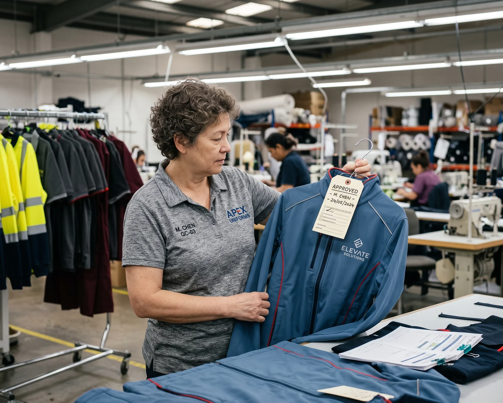 QC manager holding the approved sample on a hanger with its sample tag