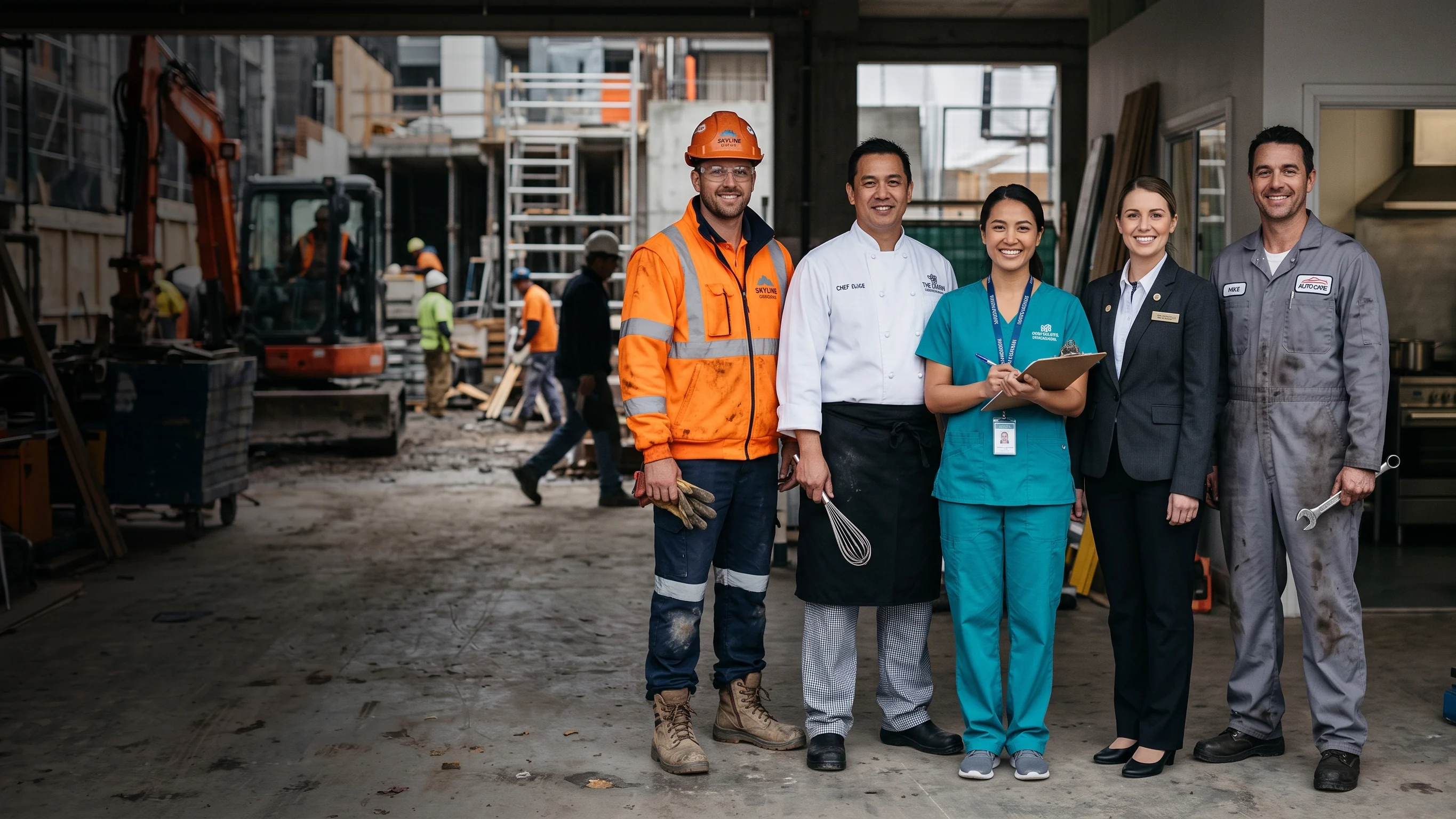 Construction worker in hi-vis, chef, nurse, hotel receptionist and mechanic standing side by side in their work uniforms