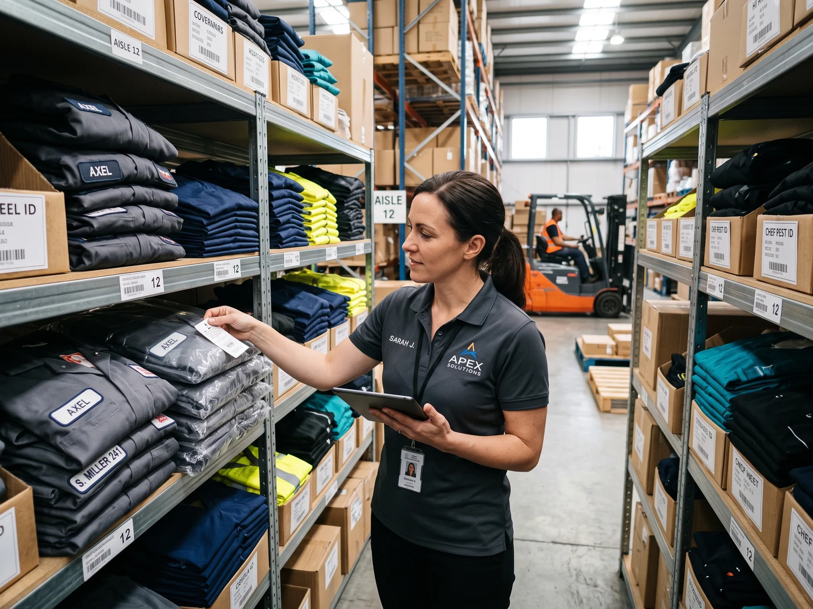 Uniform distributor checking private-label workwear stock on warehouse shelves