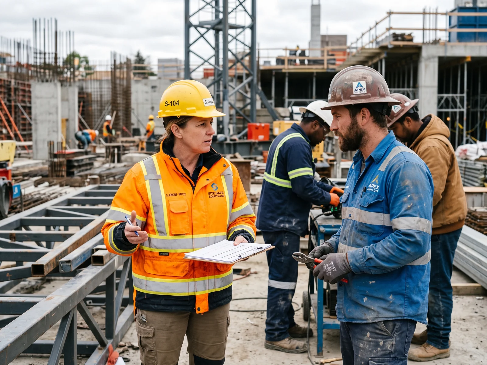 Site safety manager in a hi-vis jacket checking a crew on a construction site