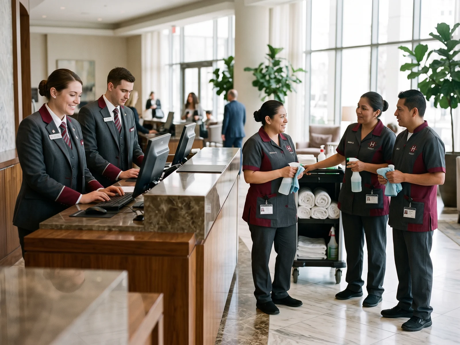 Hotel front desk and housekeeping staff in coordinated uniforms in a lobby