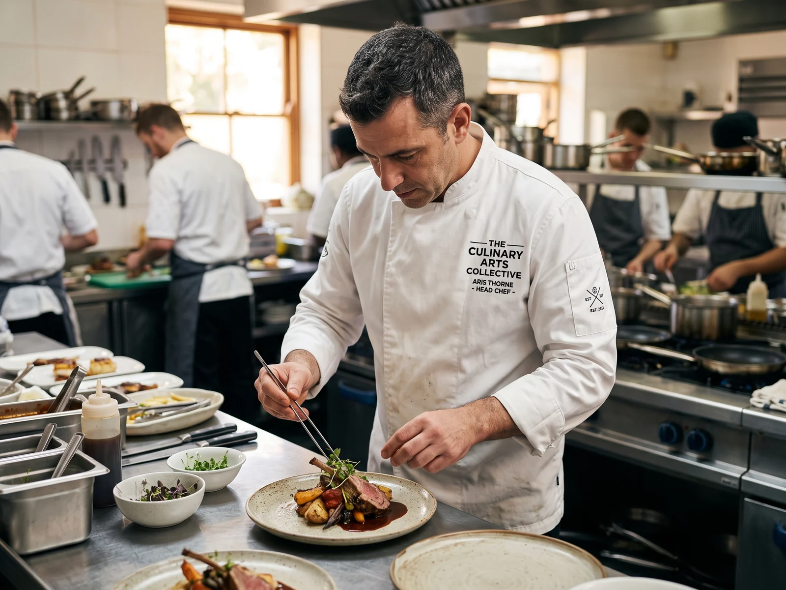 Head chef in an embroidered white chef coat plating in a restaurant kitchen