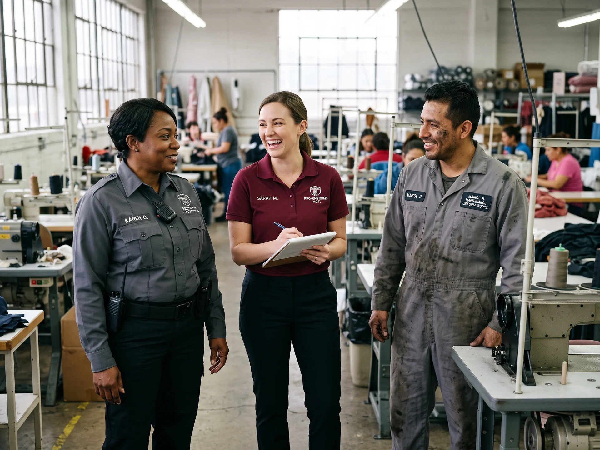 Security officer, office manager and mechanic in their company uniforms