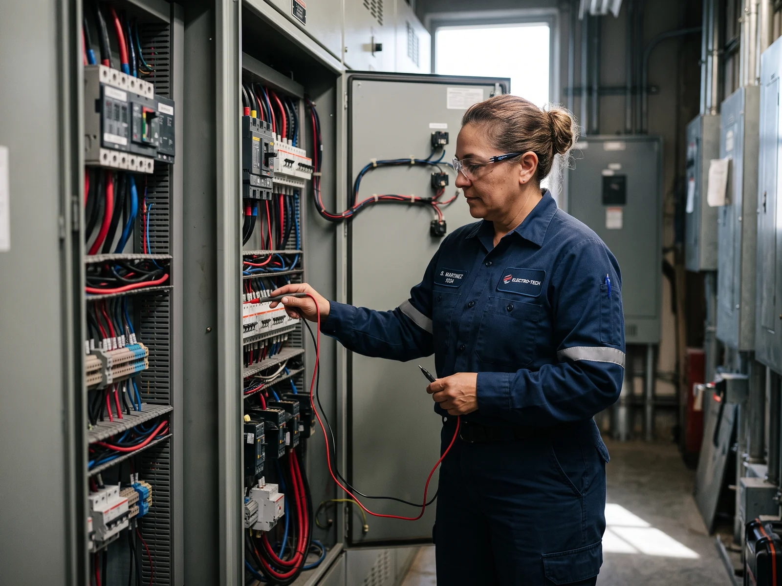 Electrical technician in a flame-resistant navy shirt and pants at a switchboard