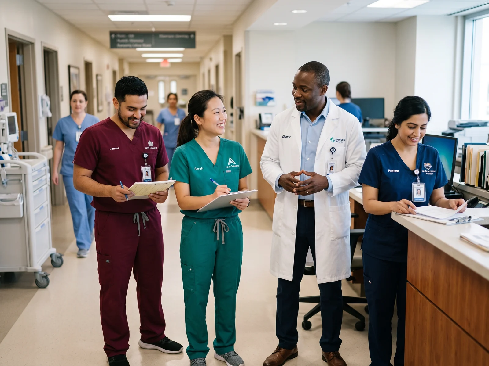 Clinic staff in scrubs of three department colours and a white lab coat