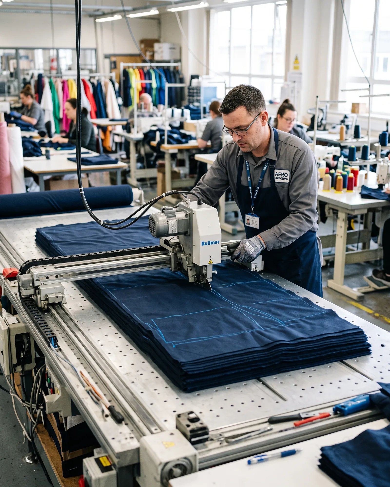 Cutter guiding an automatic multi-ply cutting head across a lay of navy workwear fabric