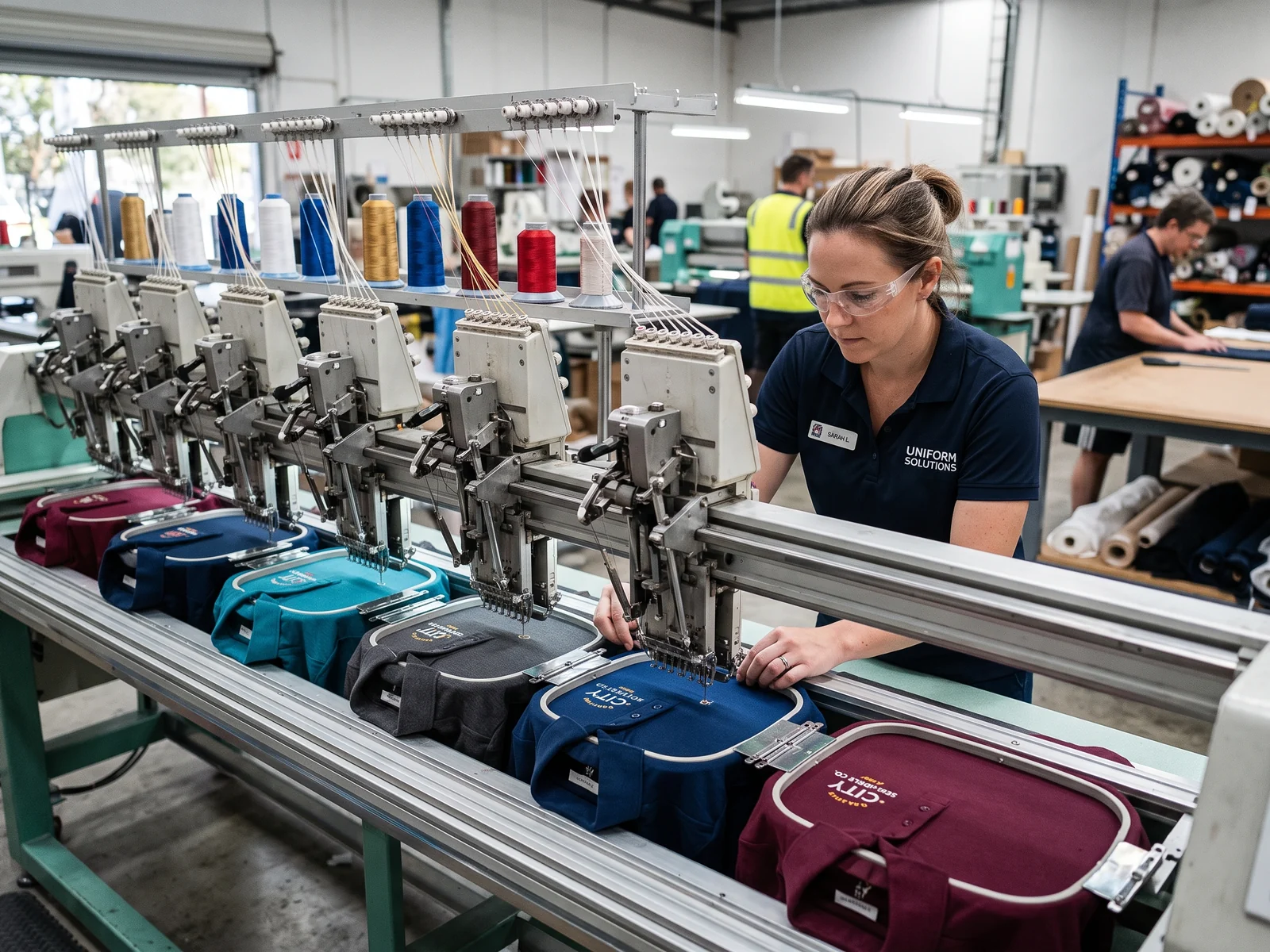 Twelve-head embroidery machine stitching chest logos on polos