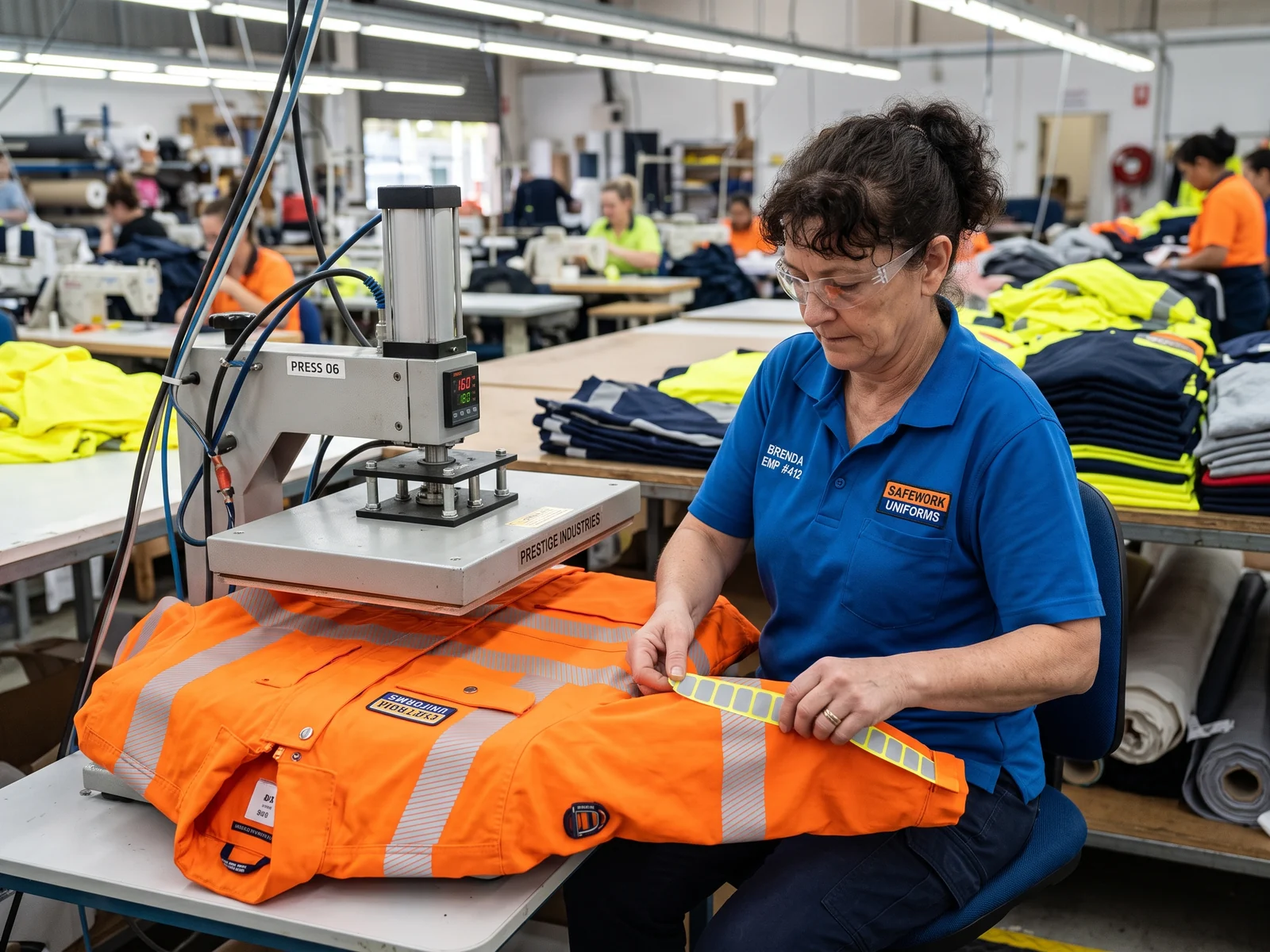 Operator heat-applying segmented reflective tape to a hi-vis jacket