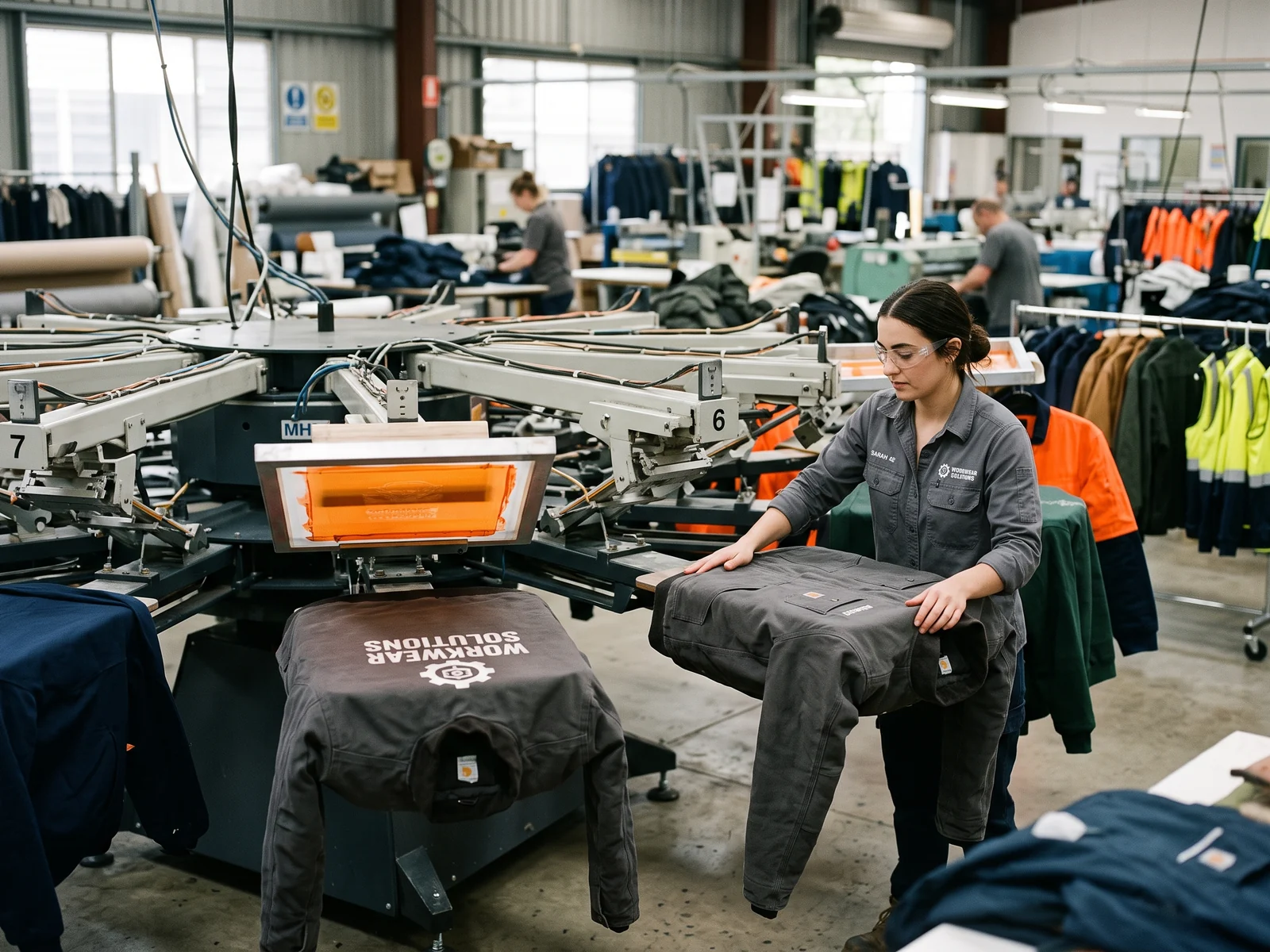 Automatic carousel press printing a back logo on work jackets