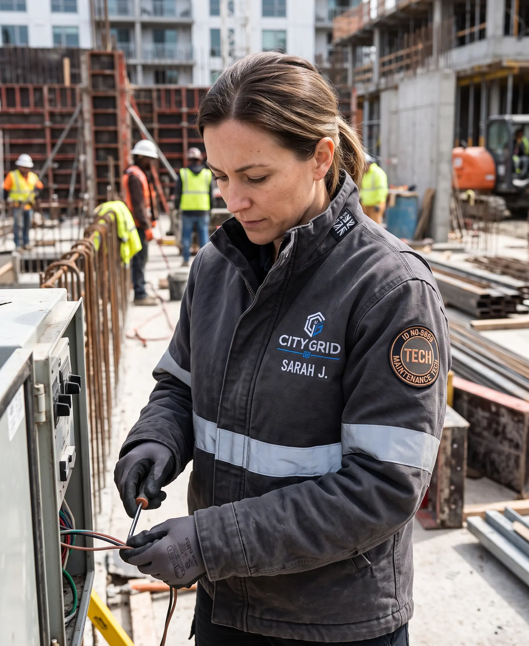 Technician wearing a work jacket with an embroidered chest logo and name, sleeve badge, reflective tape and woven neck label