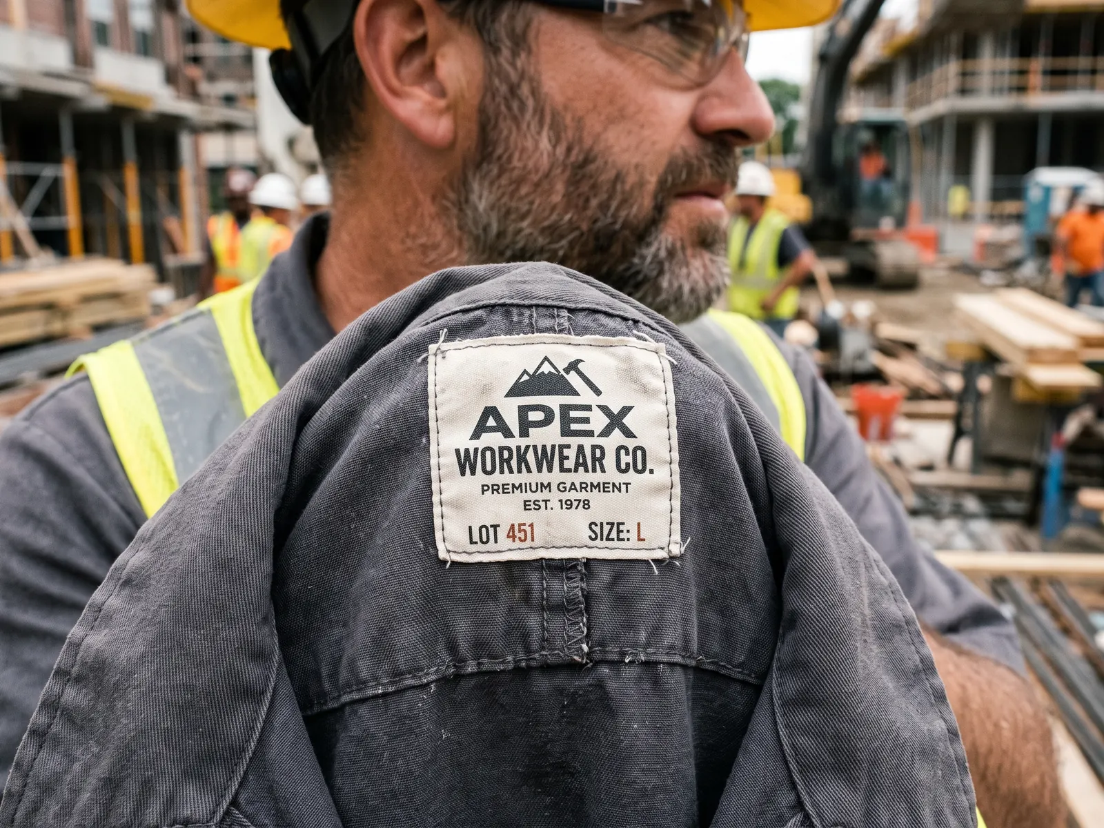 Close-up of a private-label woven neck label inside a work shirt