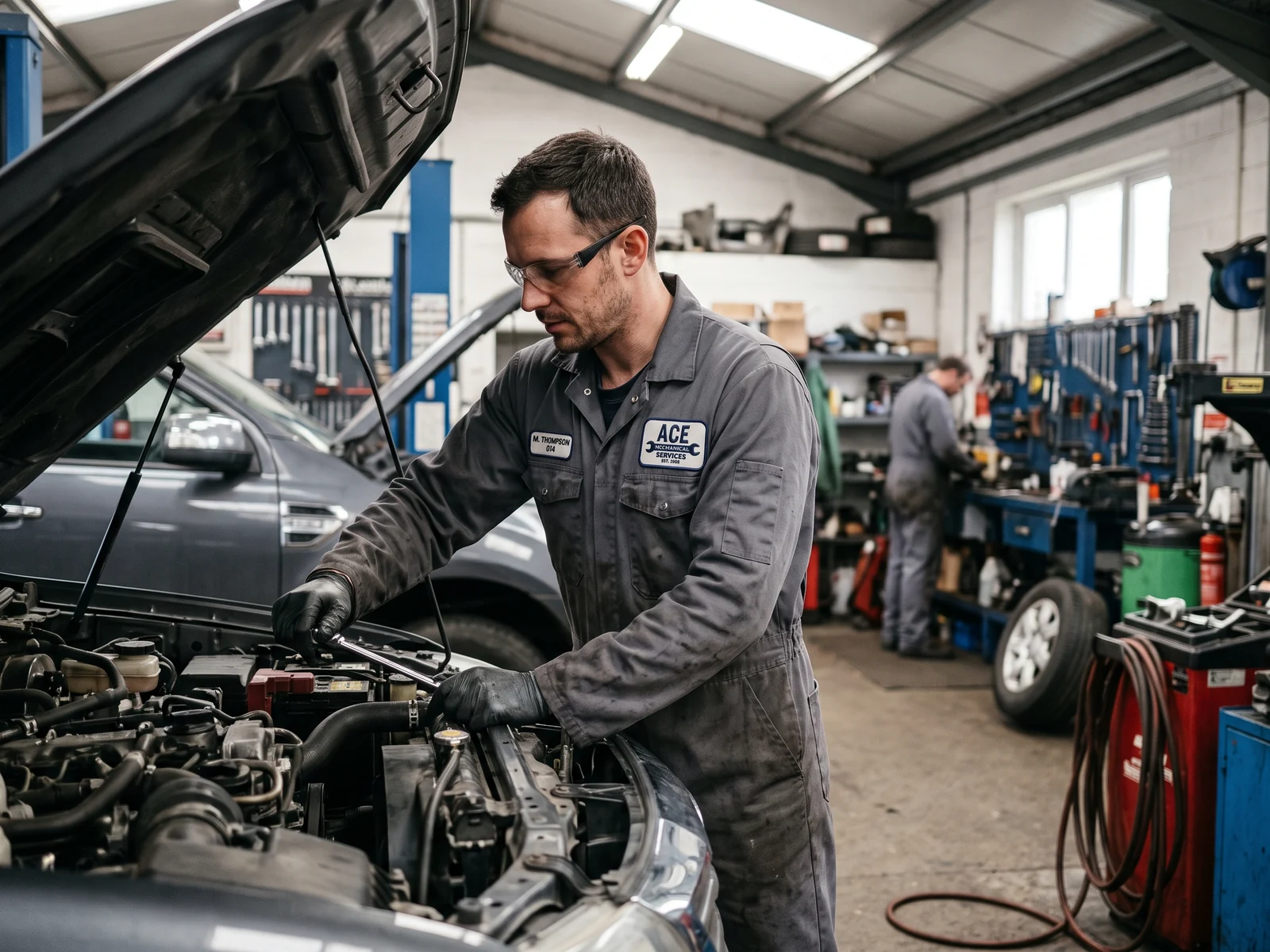 Mechanic in a grey coverall with a chest logo