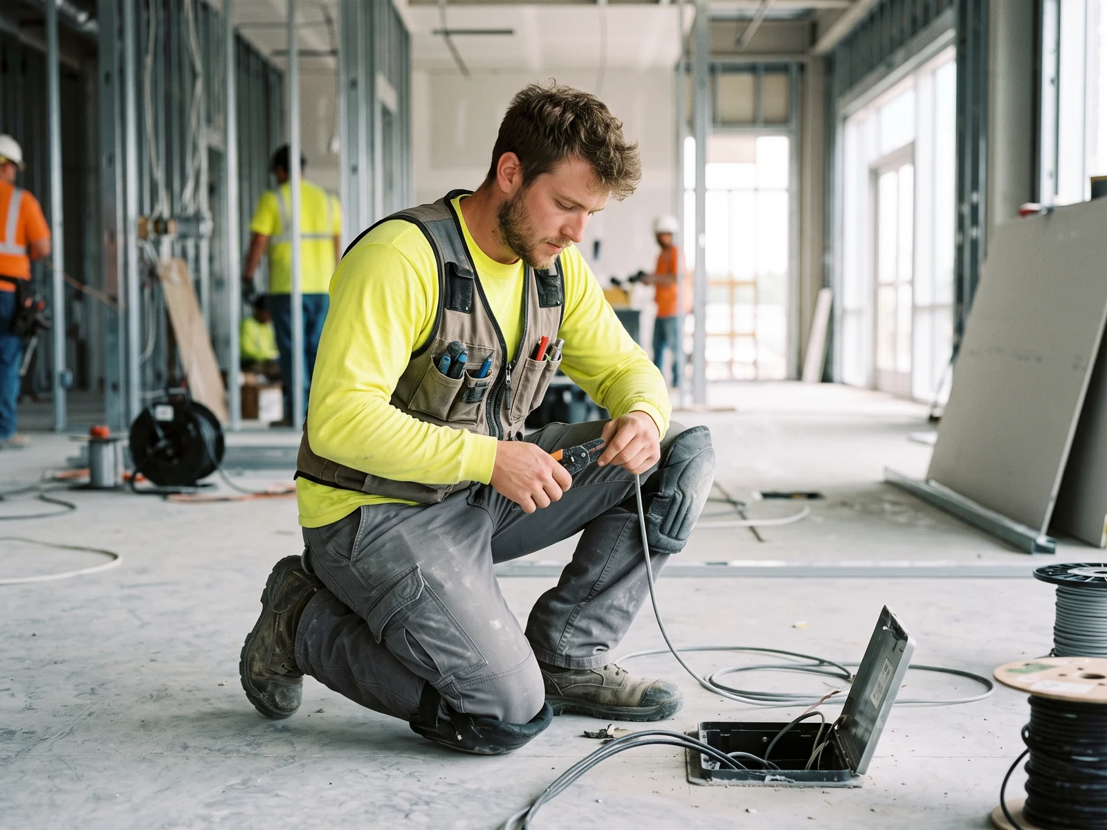 Installer kneeling in work pants with knee pad pockets