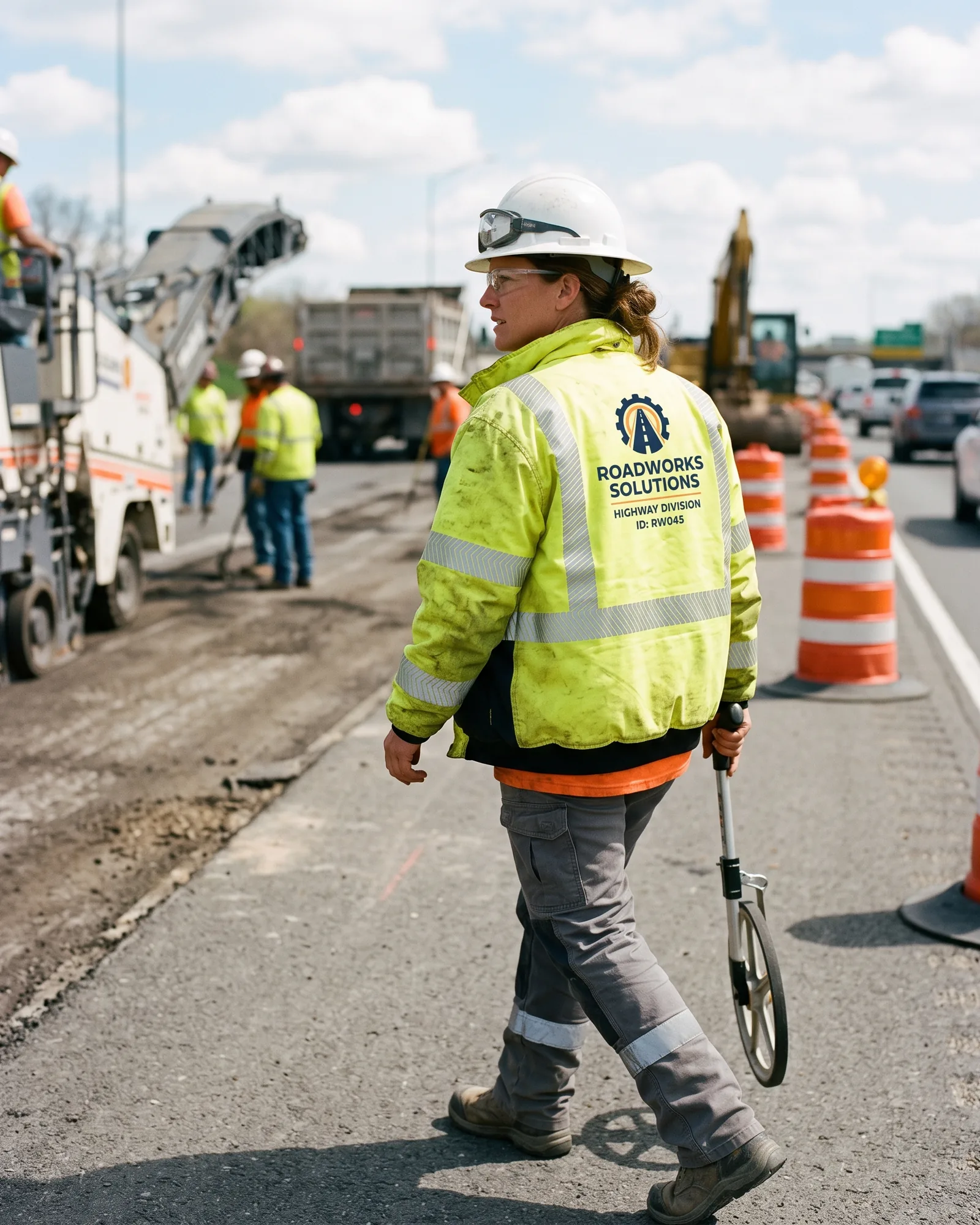 Highway worker in a Class 3 hi-vis jacket with segmented reflective bands and a printed back logo