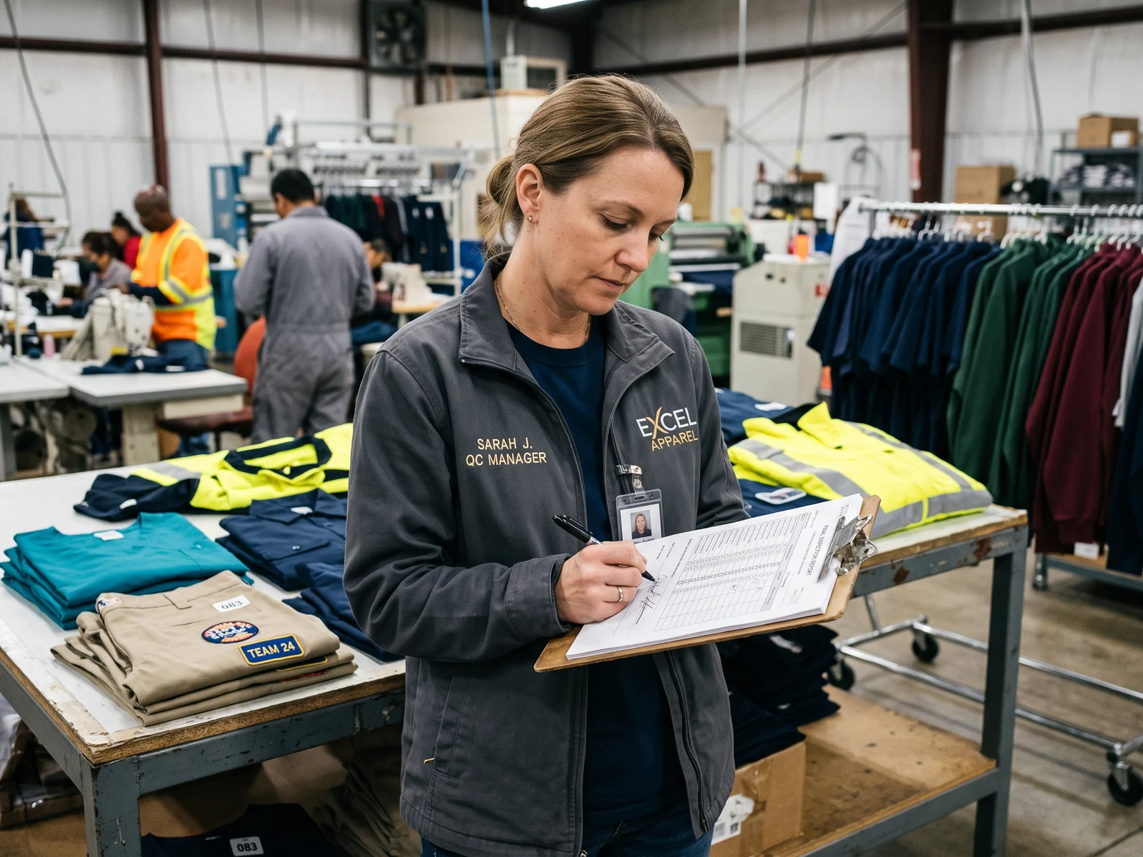 QC manager signing a final inspection report on a clipboard