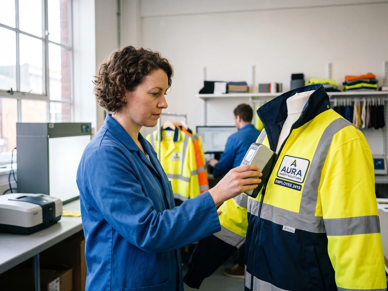 Lab technician testing a finished hi-vis garment