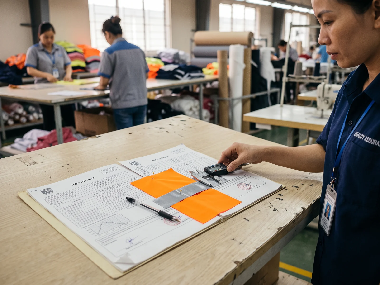Mill test report for hi-vis fabric and reflective tape on a desk