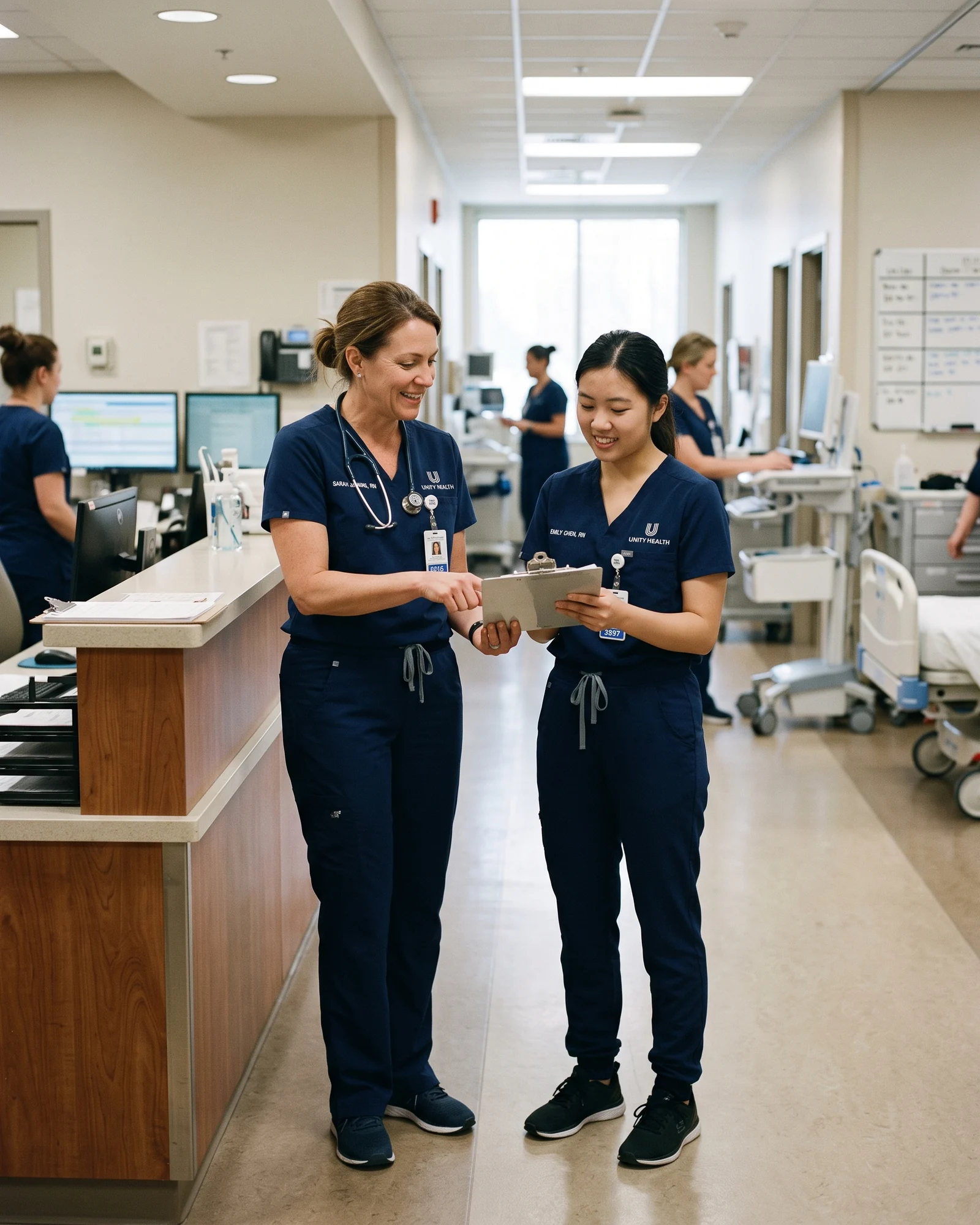A newly hired nurse and a senior nurse in the same shade of navy scrubs on a ward