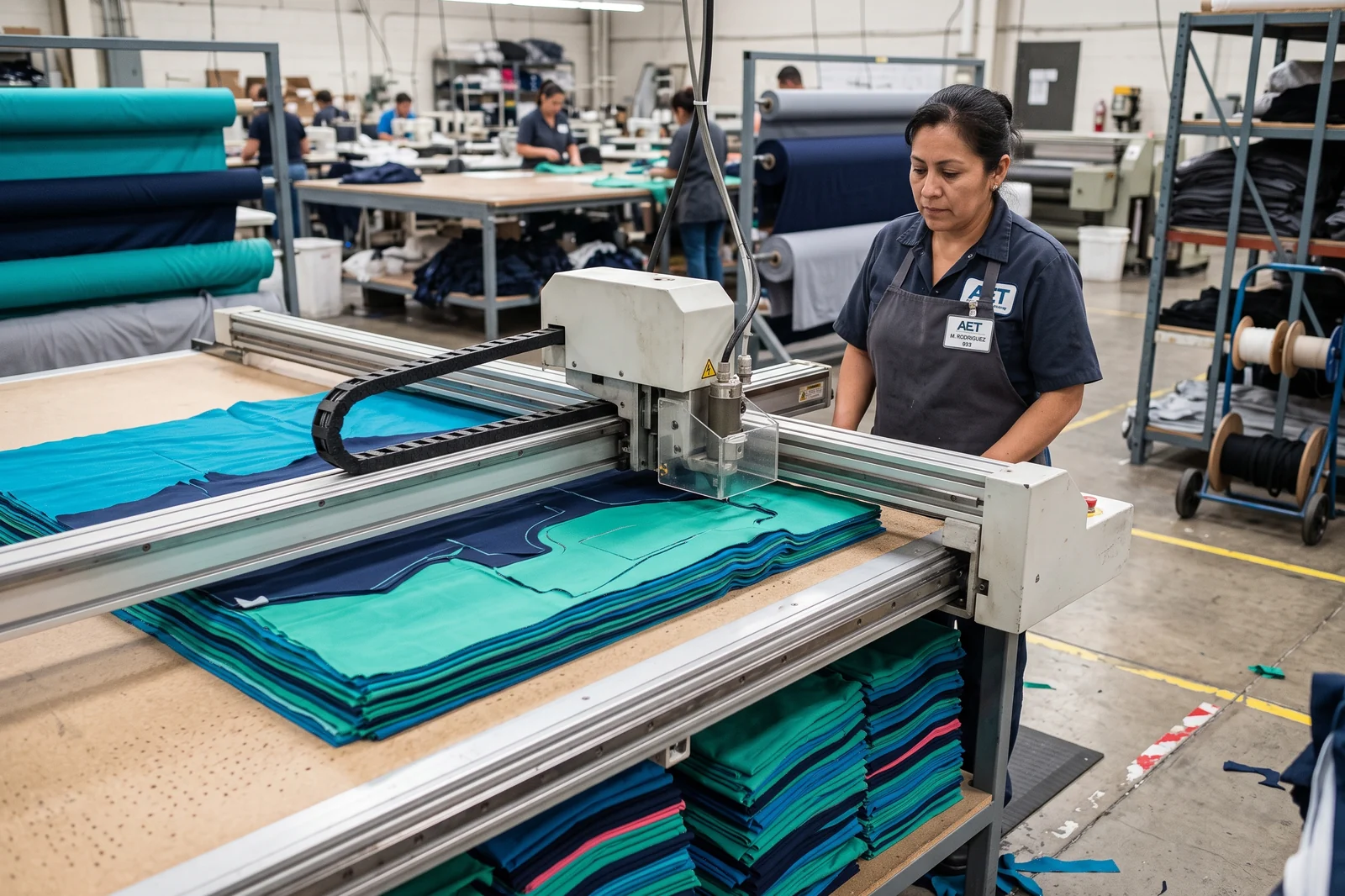 Automatic multi-ply cutting table cutting stacked layers of scrub fabric