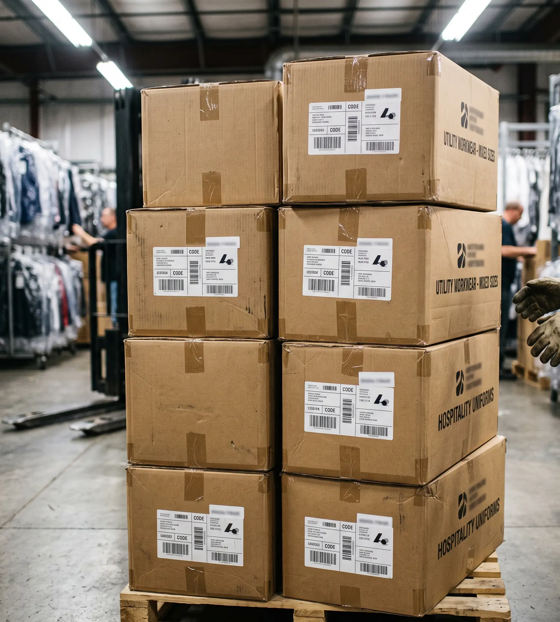 Stack of sealed uniform cartons with printed carton labels facing out