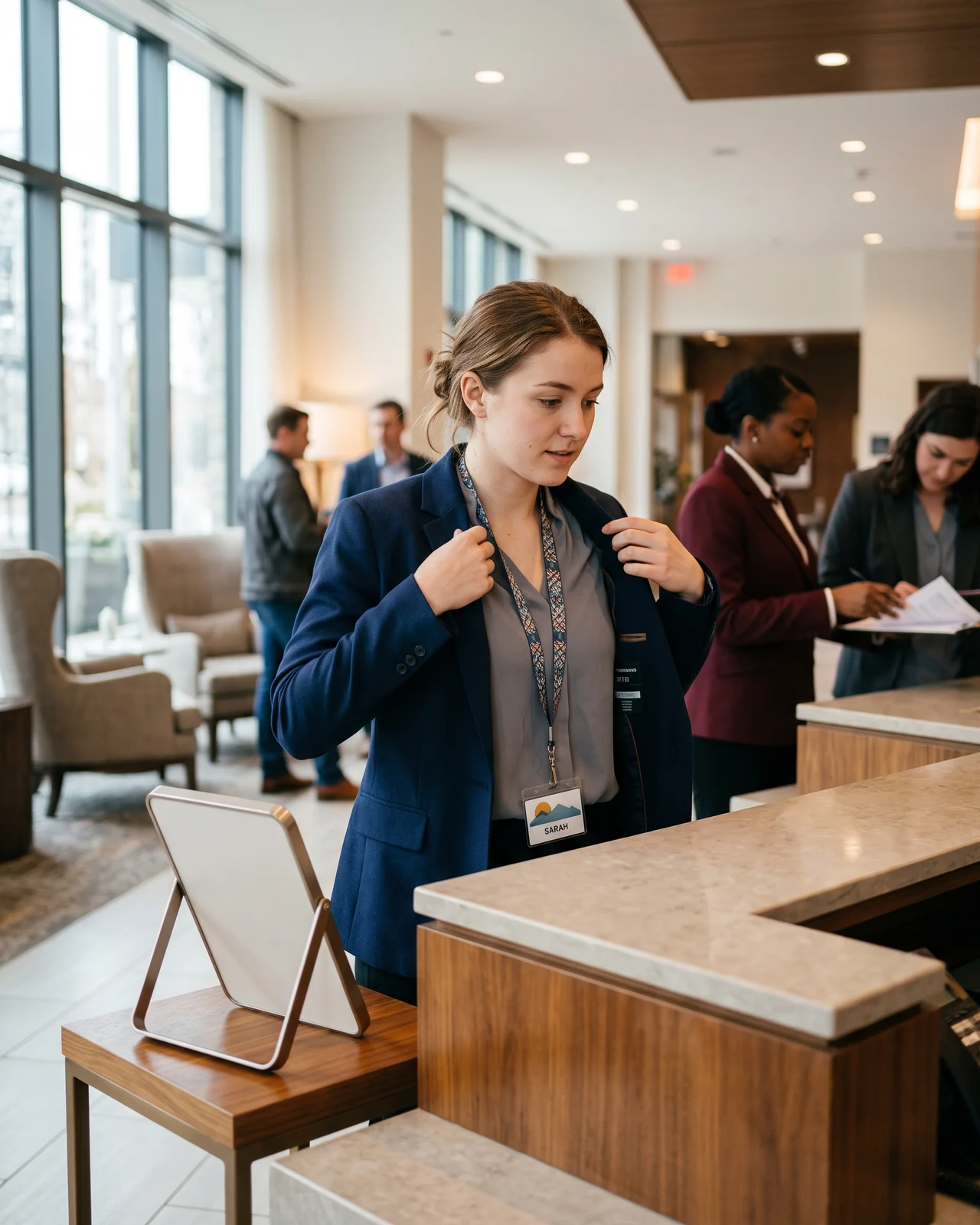 Front desk agent trying a size-set blazer during a lobby shift
