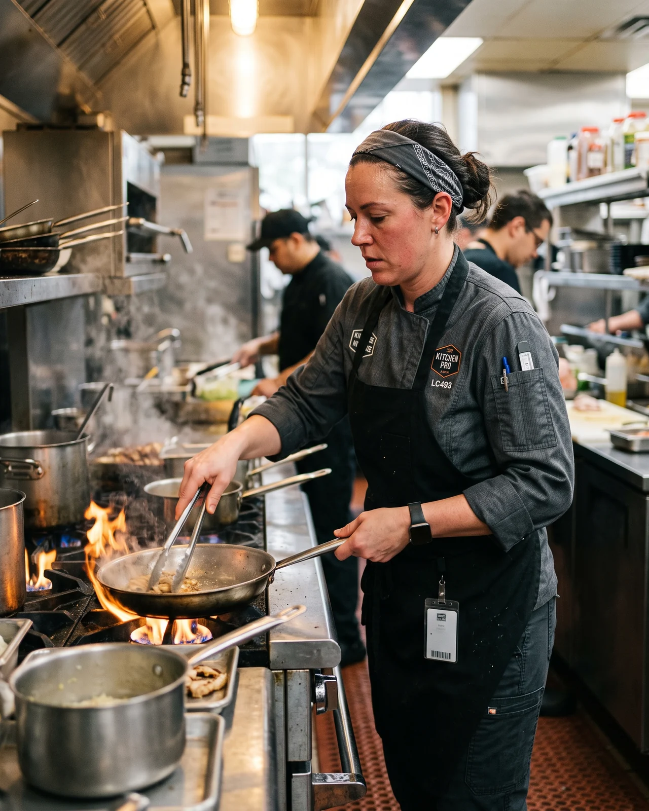 Line cook wear-testing a chef coat at a hot station