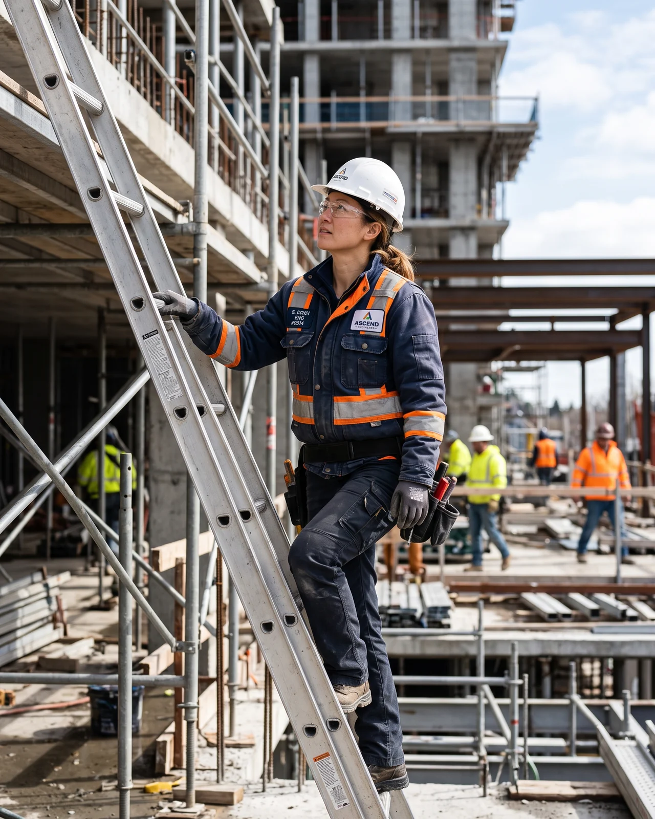 Site engineer climbing a ladder in a size-set work jacket