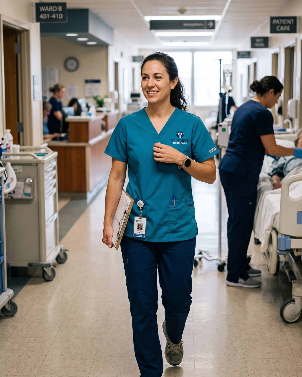 Nurse wear-testing a size-set scrub top during a ward shift