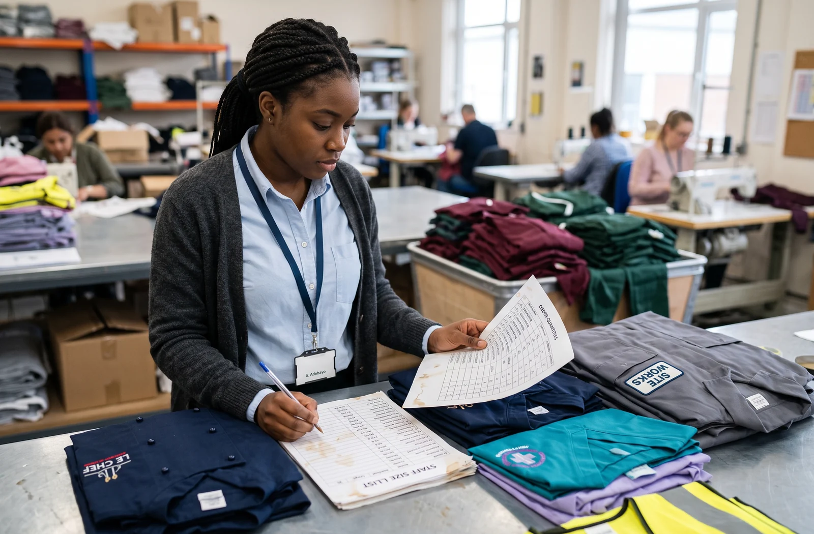 Order coordinator checking a staff size list against order quantities