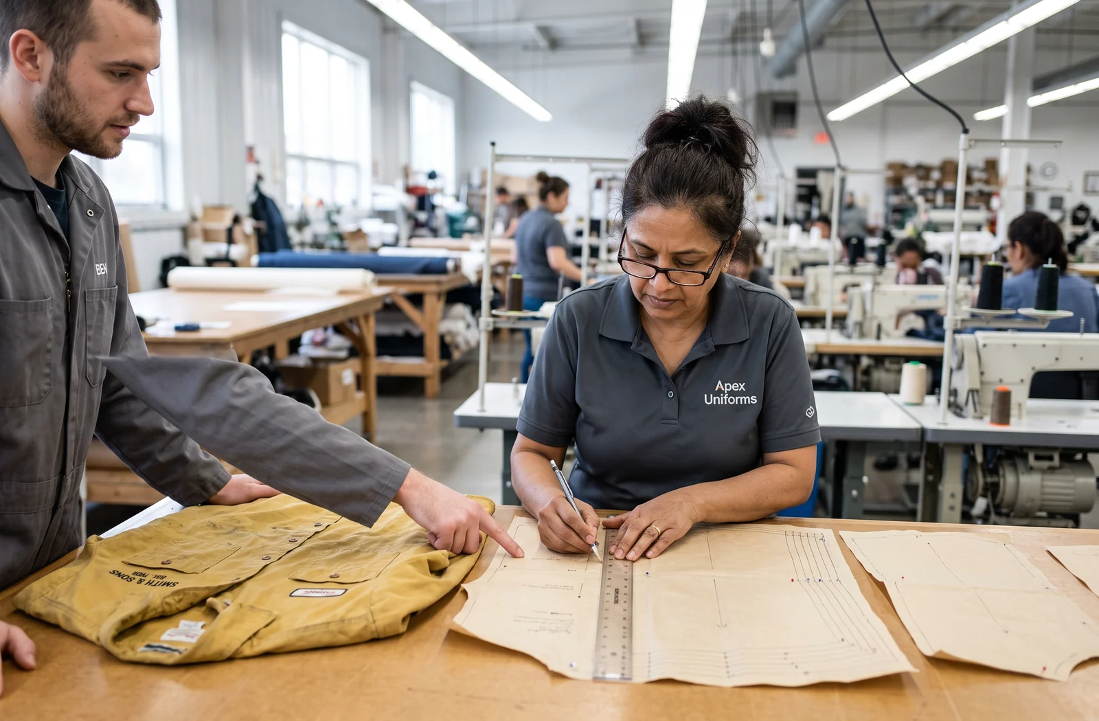 Pattern maker grading a work shirt pattern from a customer's reference garment