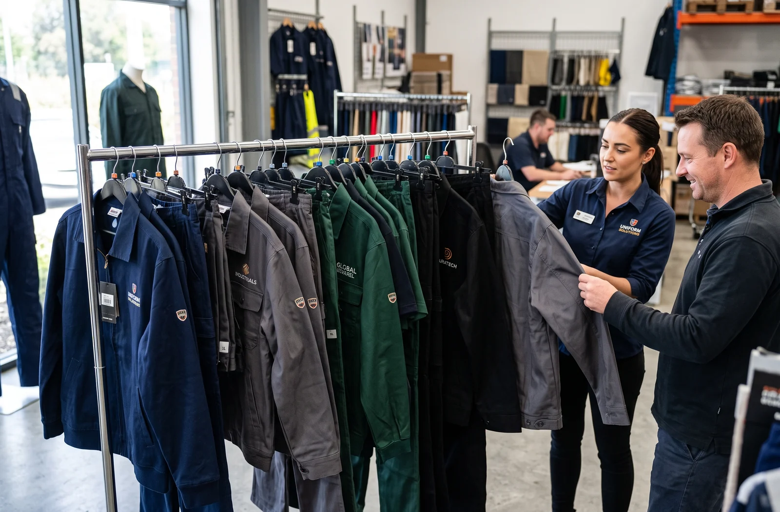 Distributor showroom rail of private-label workwear in four core colours