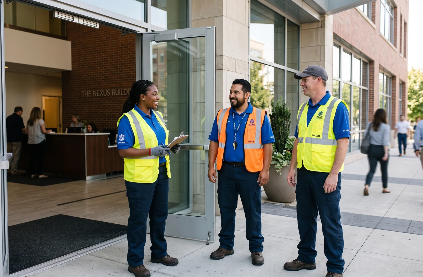 Facility-services staff in matching shirts and hi-vis vests at a building entrance