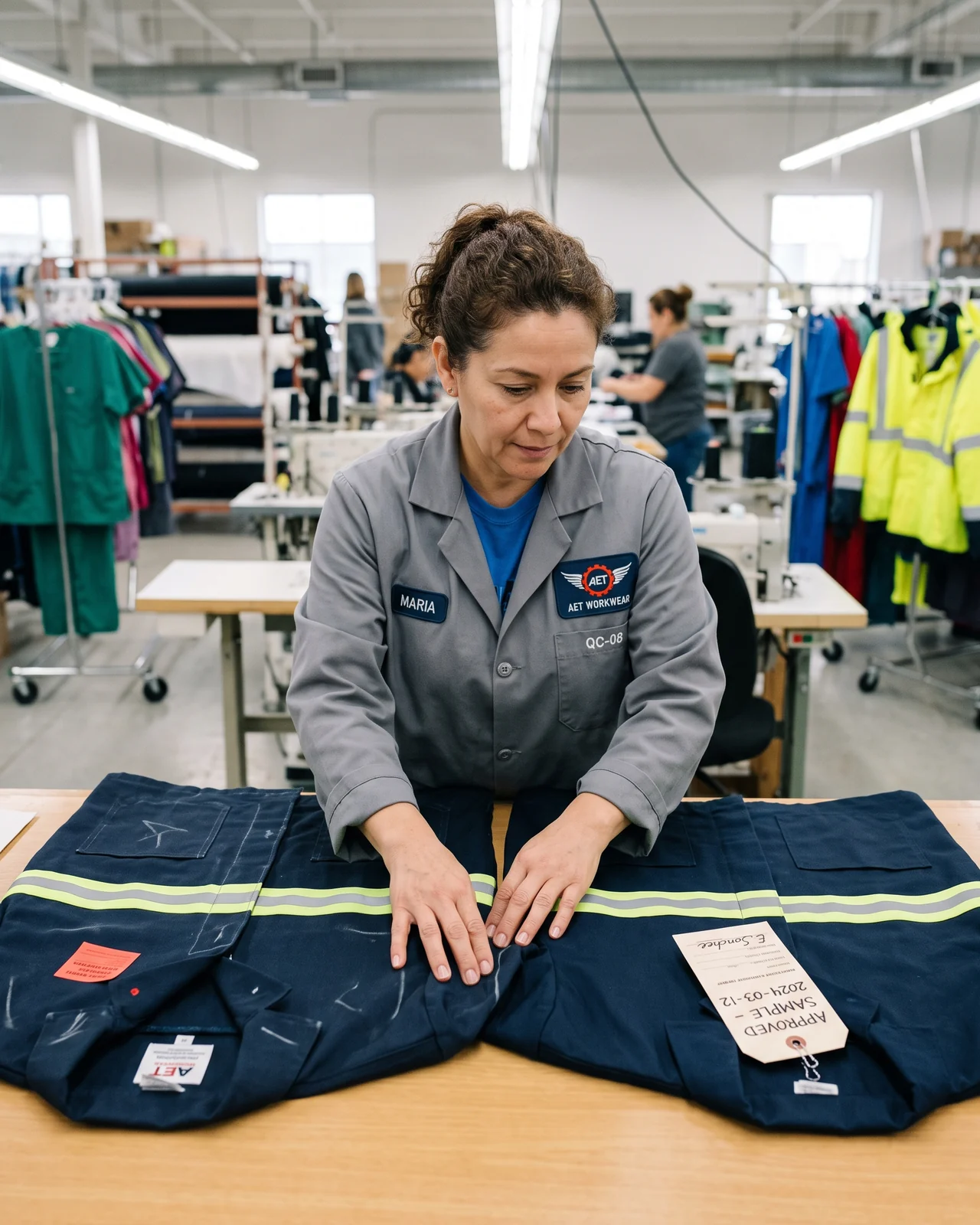 QC inspector laying a returned garment next to the signed approved sample